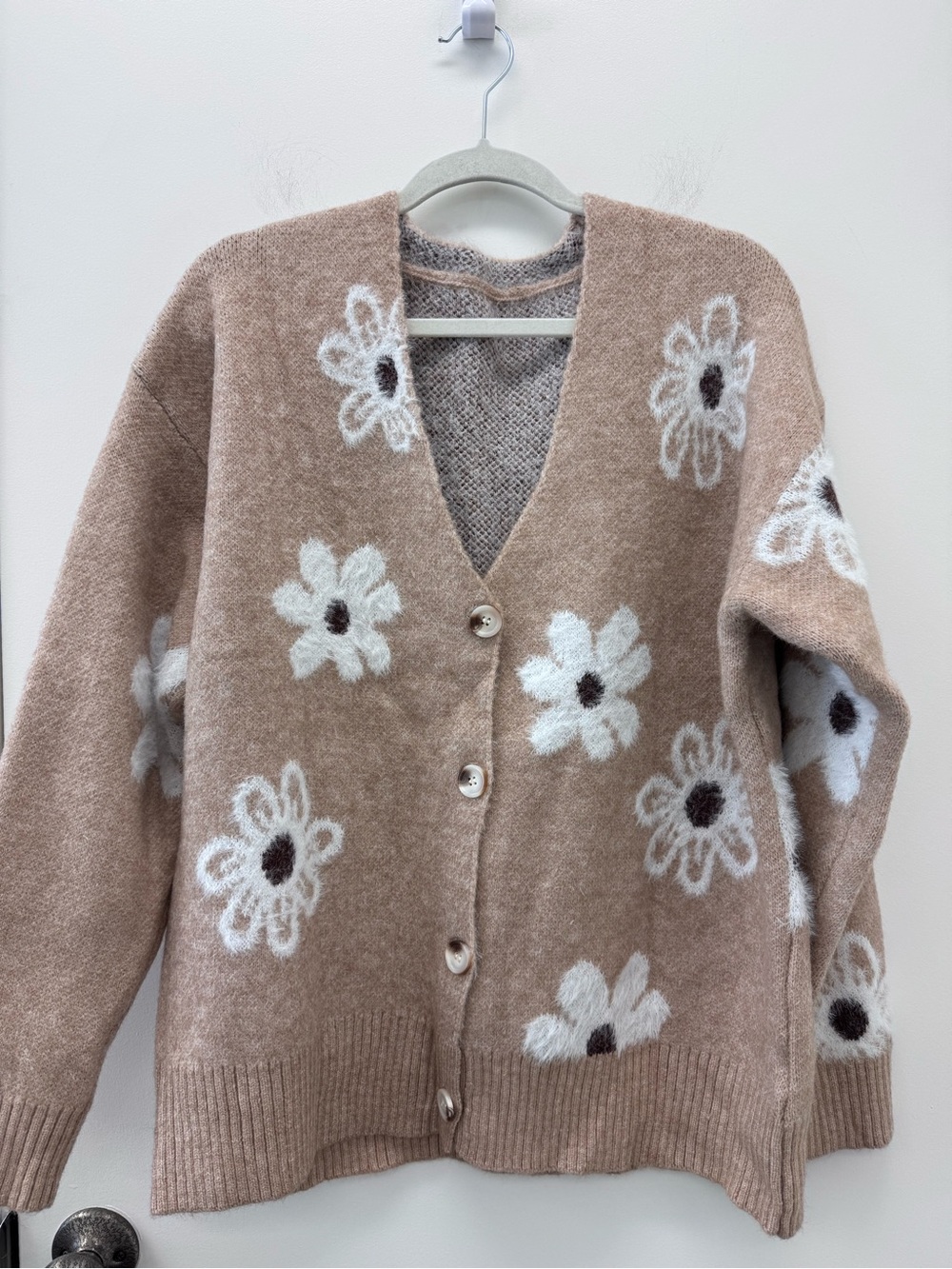 Taupe Floral Button-Front Women's Cardigan Sweater - Picture 2 of 4